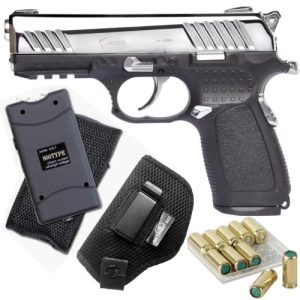 Kuzey A100 Chrome Blank Gun with Blanks, Holster and 3.8 Mil Volts Stun Gun