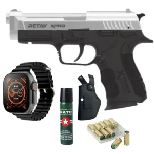 Retay XPro Chrome Blank Gun– Includes Holster, 10 Bullets, Pepper Spray, and Ultra Watch 8 Ultra